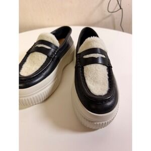 J/Slides NYC Platform Loafers Women Size 7 Black Cream Excellent Shearling Trim